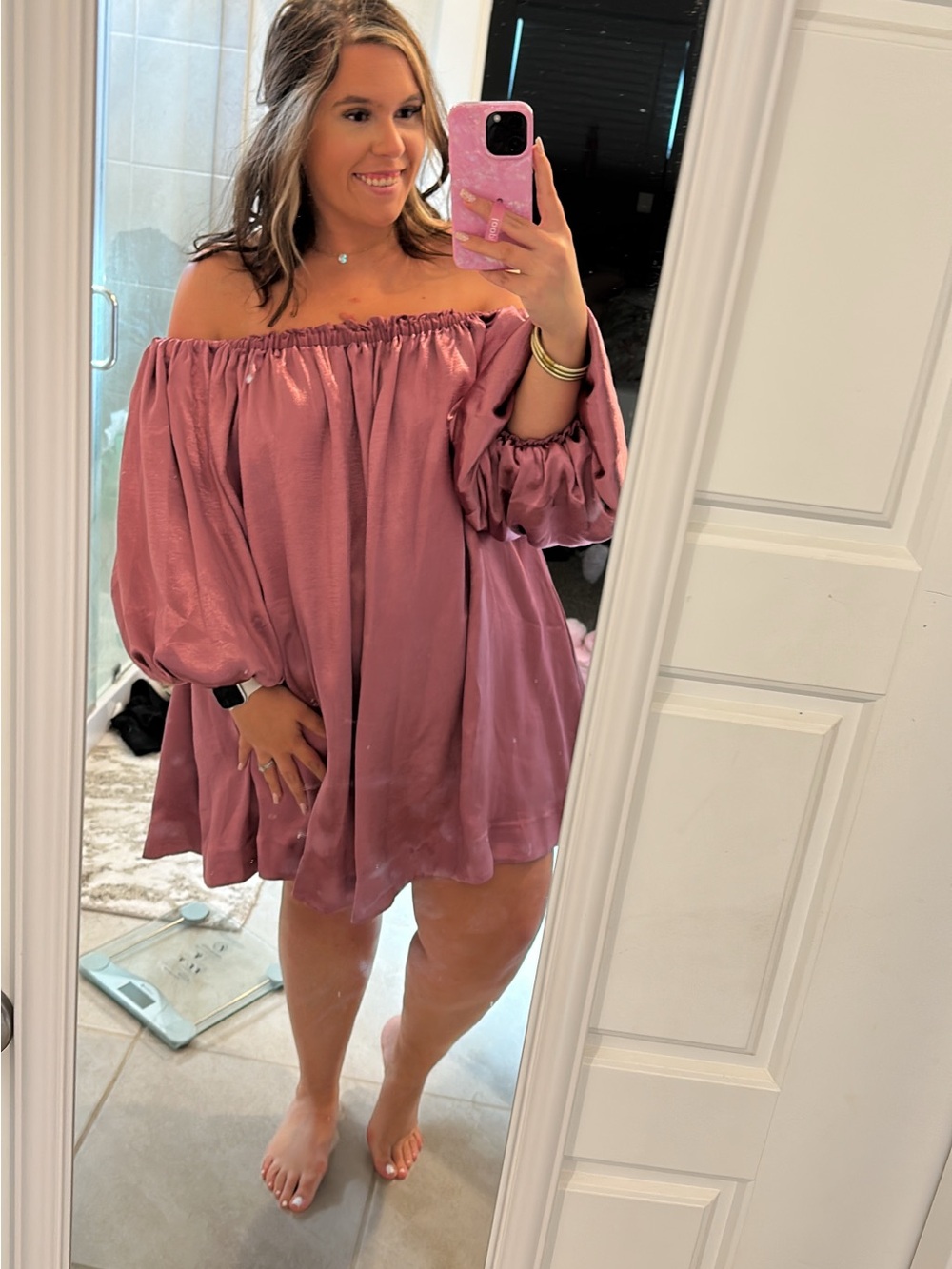 Anthropologie Satin Off-Shoulder Mini Dress in Dusty Rose